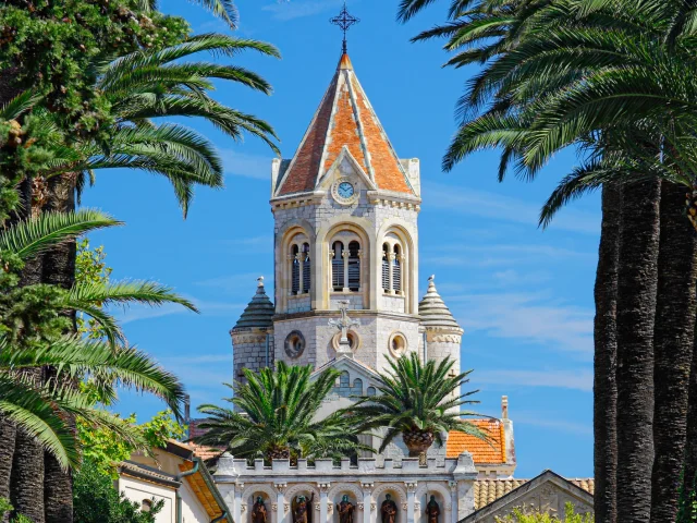 Cannes, France - Sept 7, 2014: Lérins Abbey (Abbaye de Lérins) on the island of Saint-Honorat, one of the Lérins Islands, on the French Riviera.