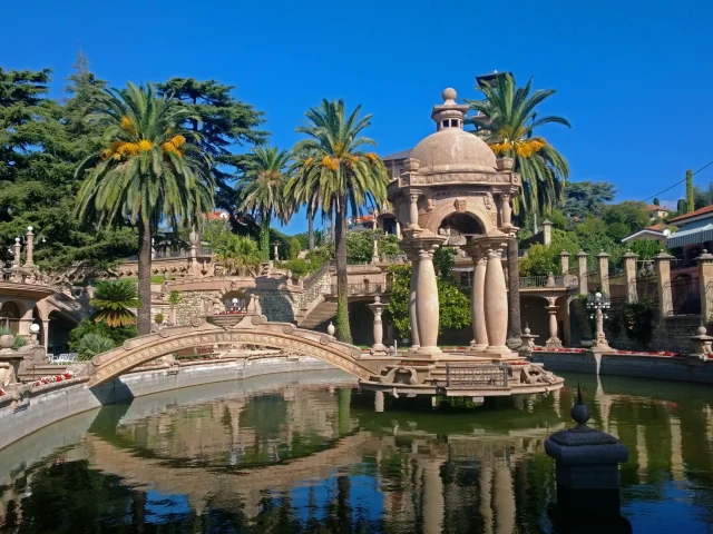 Imperia, Italy - September 12, 2014: the pond and the decorative composition of Villa Grock on sunny weather