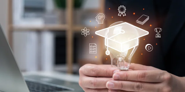 E-learning graduate certificate program concept, businessman hand holding light bulb with Internet education course degree, study knowledge, creative thinking idea, problem solving solution, AI.