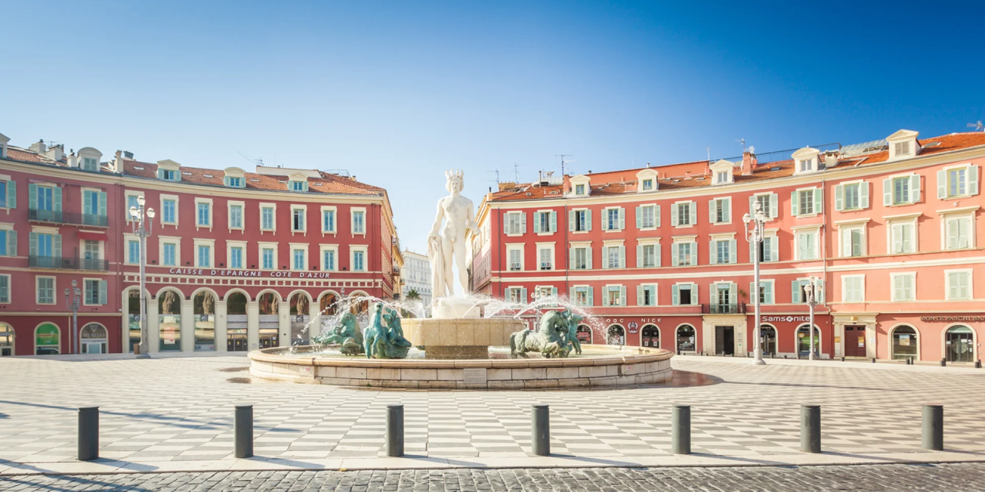 Nice : Apollo statue as a Fontaine du Soleil on Place Massena in Nice France, French riviera