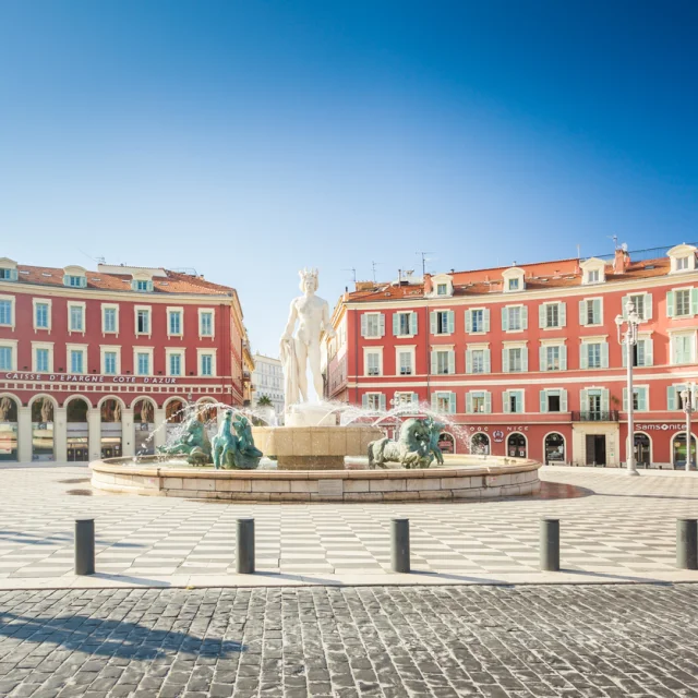 Nice : Apollo statue as a Fontaine du Soleil on Place Massena in Nice France, French riviera